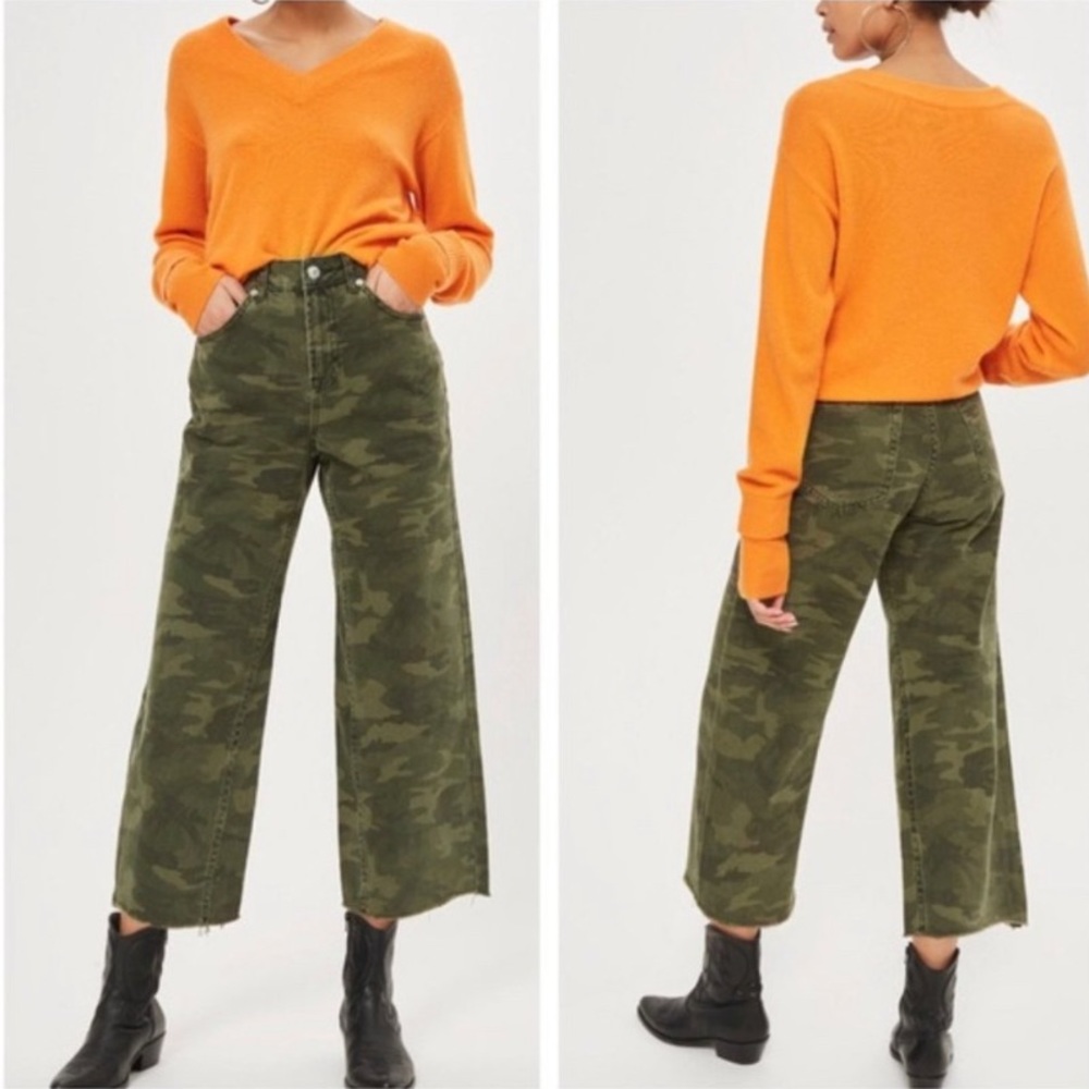 Topshop Camo Wide Leg Cropped Jeans with Raw Hem